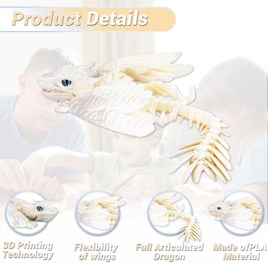 3D Printed Dragon with Wings 3D Printed Animals Articulated Dragon Fidget Dragon 3D Printed Toys Dragon Toy Desk Pets Home Office Decor (White)