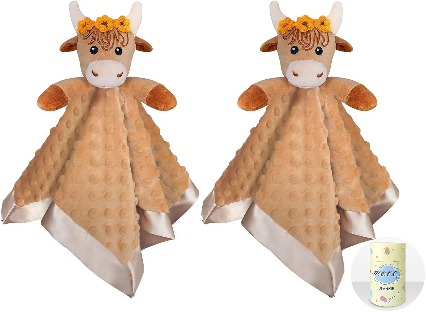 2 Pcs Loveys for Babies, Soft Baby Security Blanket Lovies for Babies, Stuffed Animals Blankie for Newborn Infant with Baby Snuggle Toy, Gilrs Gifts Highland Cow Security Blanket 16 Inch