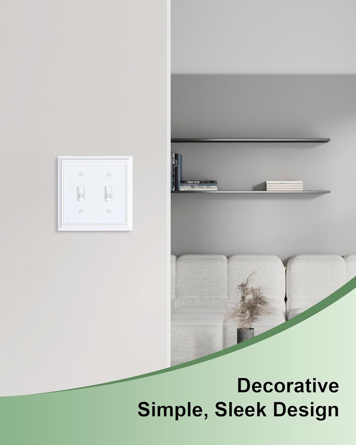 2-Pack Double Toggle Light Switch Cover Plate, Durable Natural Bamboo Fiber Decorative Switch Plate Covers, Pure White 2 Gang Wall Plate, Corrosion Resistant