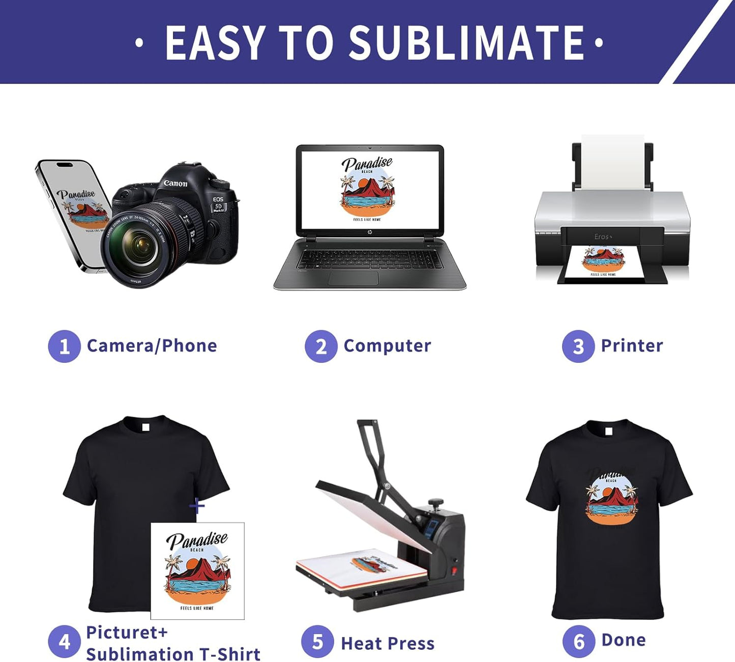 Polyester Adult T-Shirts for Sublimation, 6 Pack, White, Crew Neck, Short Sleeve