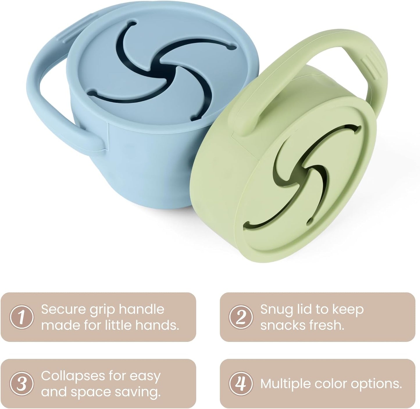 Silicone Snack Cups for Toddlers, Snack Containers with Lids, Foldable Baby Food Catcher with Holders and Dustproof Lid, 2 Pack (Color 3)