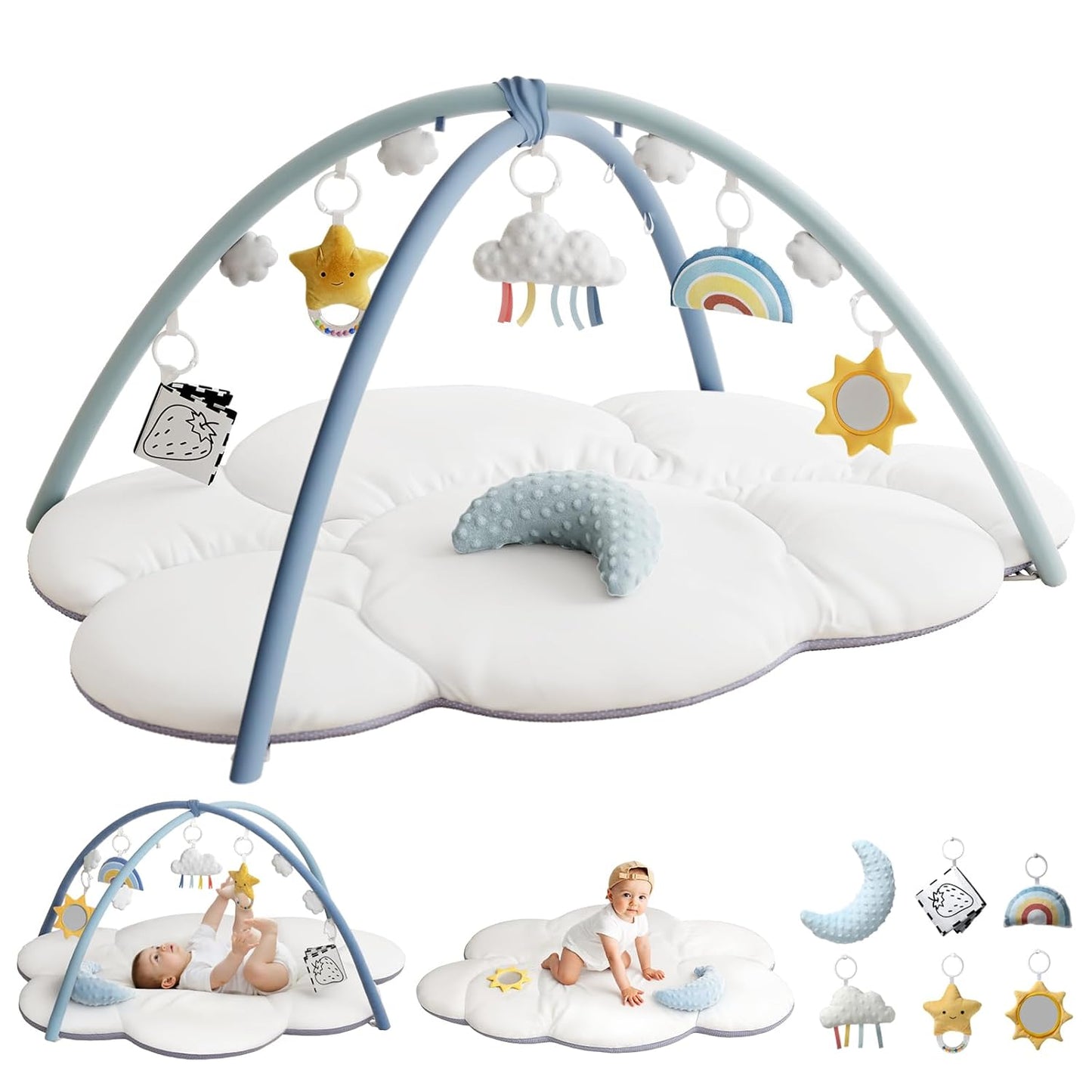 Oversized Baby Play Gym with Extra Thick Baby Play Mat – Cloud-Shaped Design, 5 Detachable Toys & Moon Pillow, Soft & Cushioned for Newborns, Promotes Sensory & Motor Development, Baby Essentials Gift