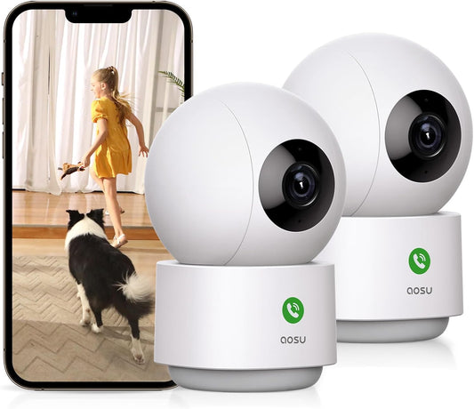 AOSU 2K Security Camera Indoor, Baby Monitor Pet Camera One-Touch Call, Smart Motion Tracking, IR Night Vision, Compatible with Alexa, 2 Pack