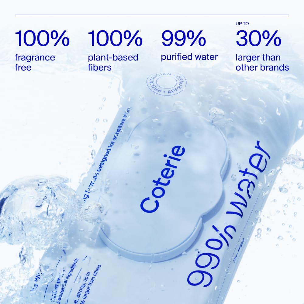 Coterie Baby Wipes + Diapers Kit, Size 2 Diapers (186 Count) & 12 Pack (672 Count) Baby Wipes with 99% Water, Plant Based Materials, Hypoallergenic for Sensitive Skin