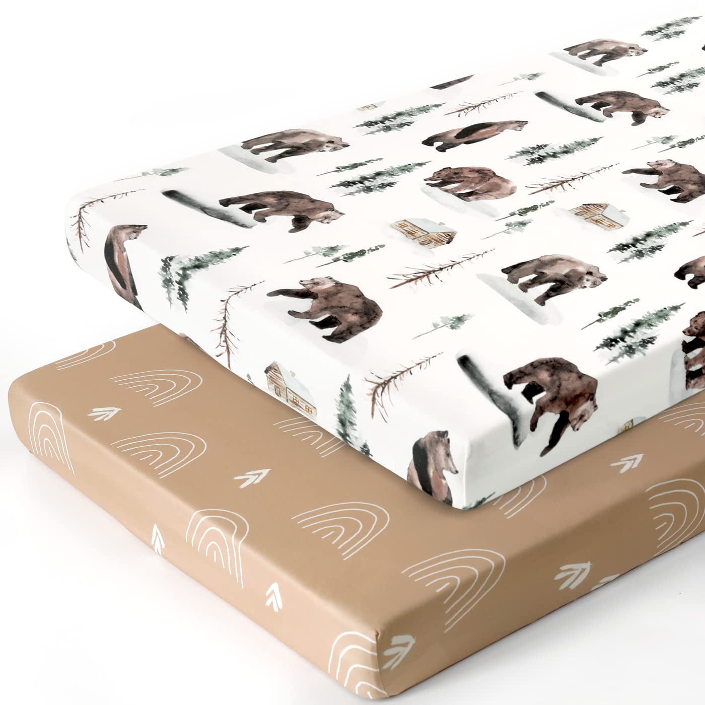 GRSSDER Stretchy Ultra Soft Jersey Knit Fitted Pack n Play Sheets Set 2 Pack, Neutral Portable/Mini Cribs Sheets, Fit Playpen Mattress Pads Safe and Snug, Jungle Bear/Rainbow for Baby