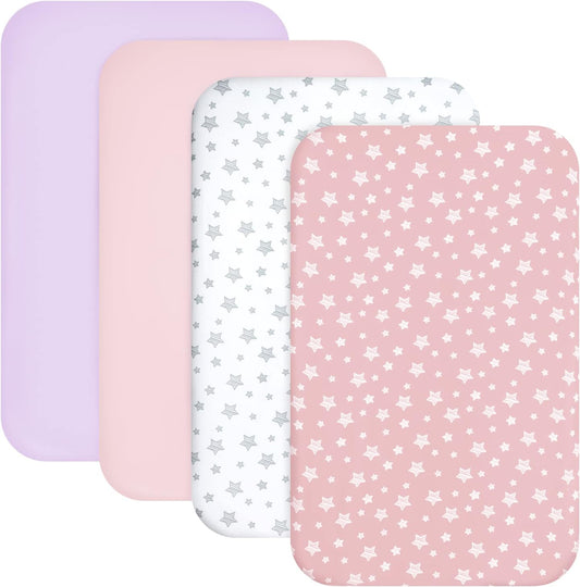 Mini Crib Sheets Fitted 4 Pack for Girls (38" X 24"), Compatible with Dream on Me, Delta Porta Crib and Arms Reach Ideal Cosleeper, Pink