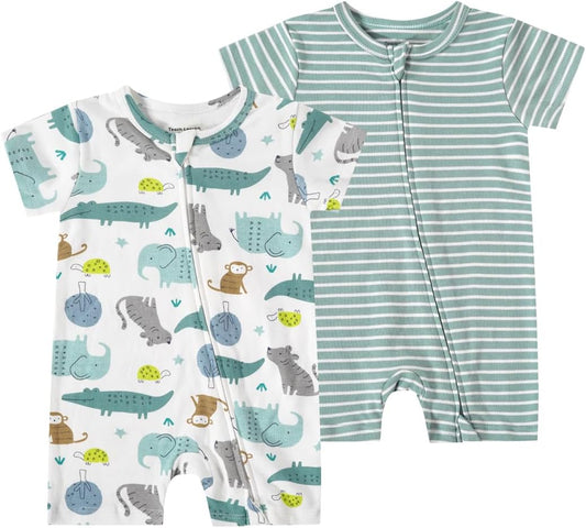 Teach Leanbh Unisex Baby 2 Pack Pajamas Cotton Short Sleeve 2 Way Zipper Printing Soild Romper Jumpsuit Sleep and Play
