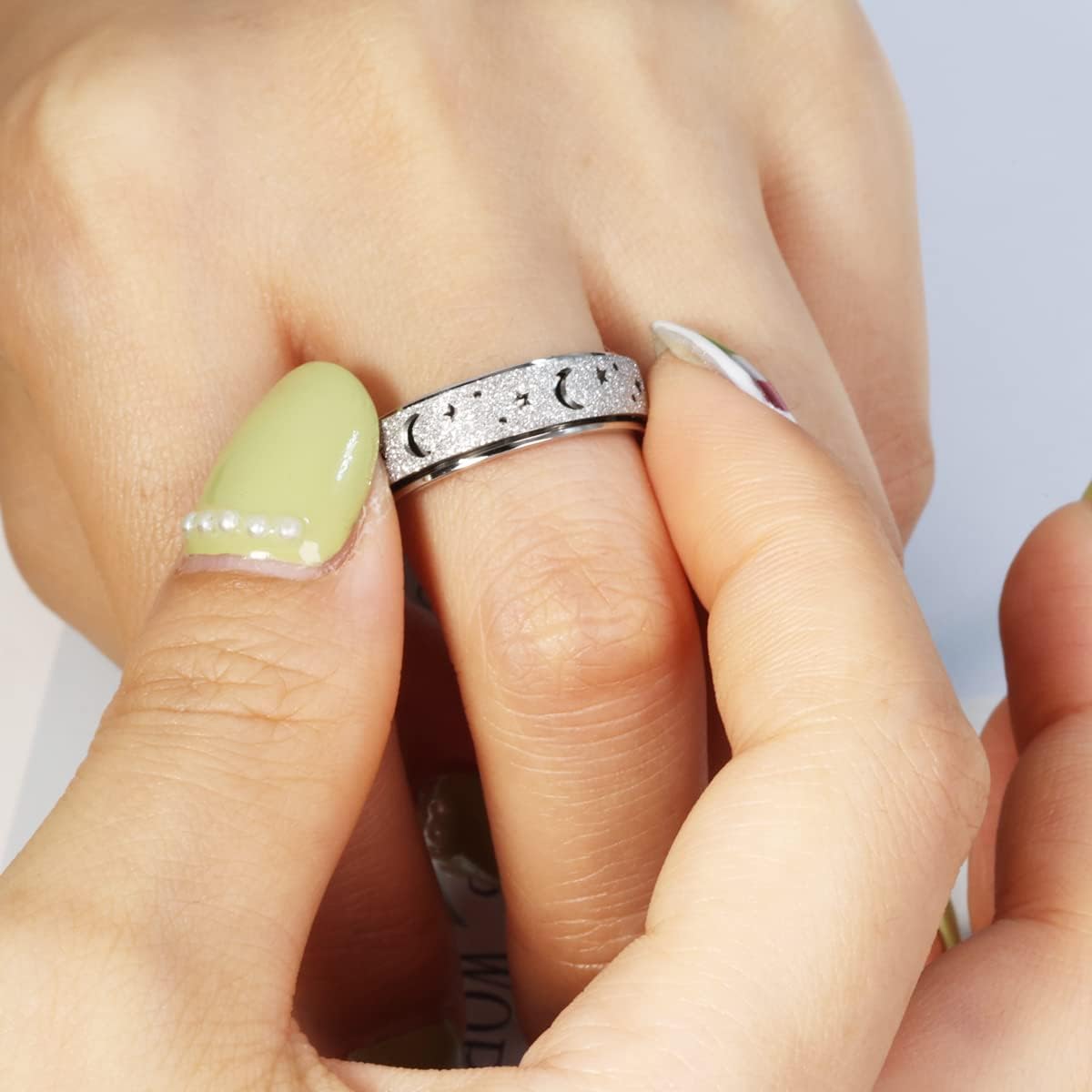 Anxiety Ring for Women Men, Titanium Stainless Steel Spinner Ring, 5 Colors, 6MM, Size 6-10, 3 Styles Anxiety Ring-Moon Star, Sandblasted Finished, Hollow Outer