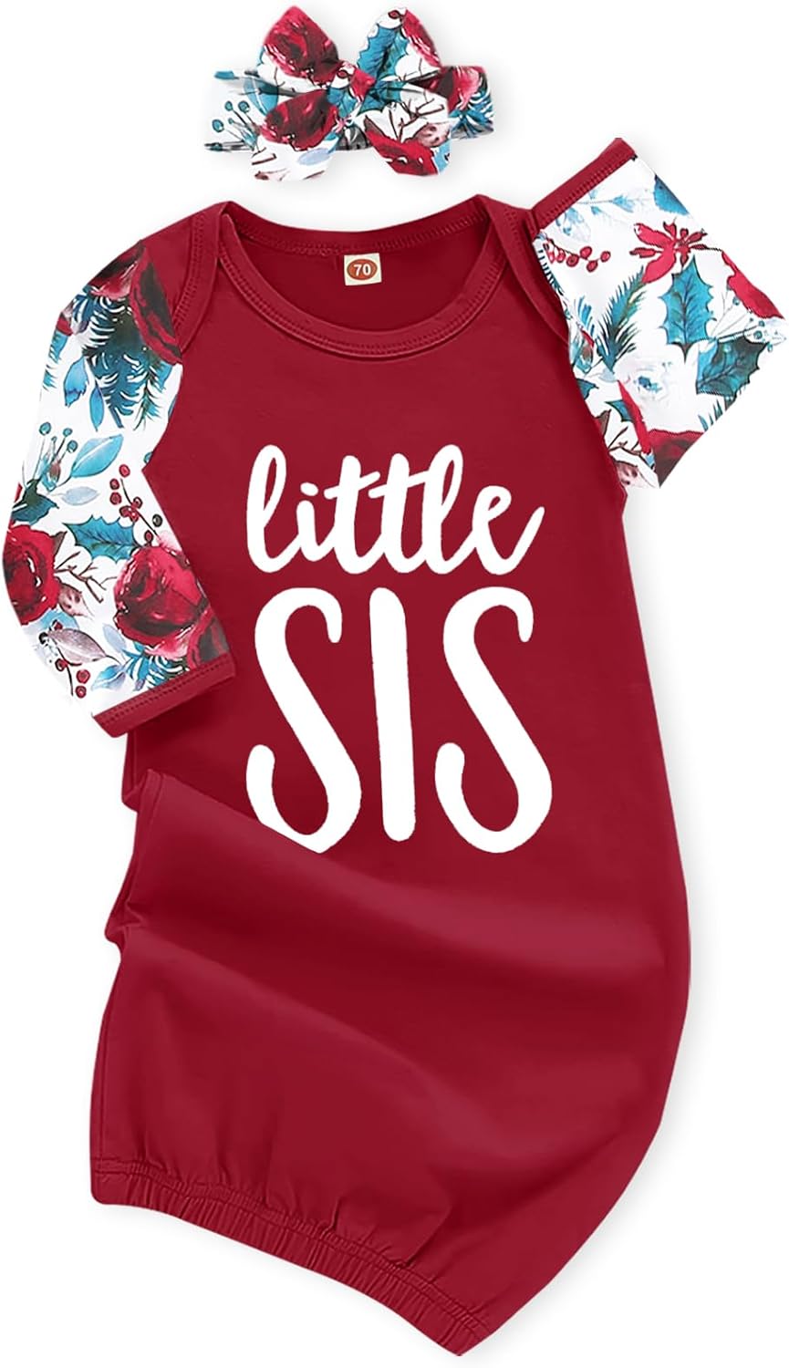 AMAWMW Newborn Baby Girl Little Sister Sleeper Gown Stripe Long Sleeve Nightgown Pajamas Gifts Stuff Essential Outfit