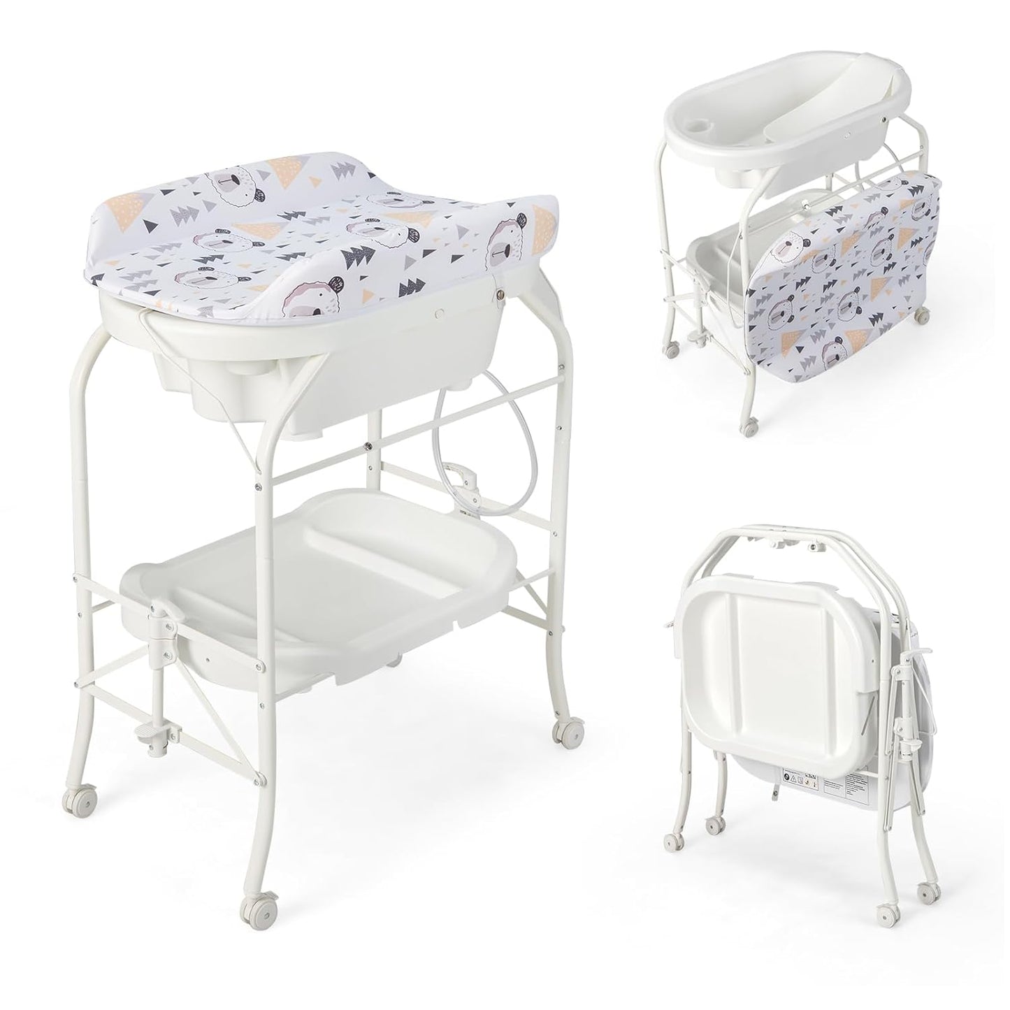 HONEY JOY Baby Changing Table with Bathtub, Foldable Infant Diaper Changing Station with Wheels, Storage Tray, Waterproof Pad, Portable Newborn Nursery Organizer Bath Stand for Boys Girls (White)