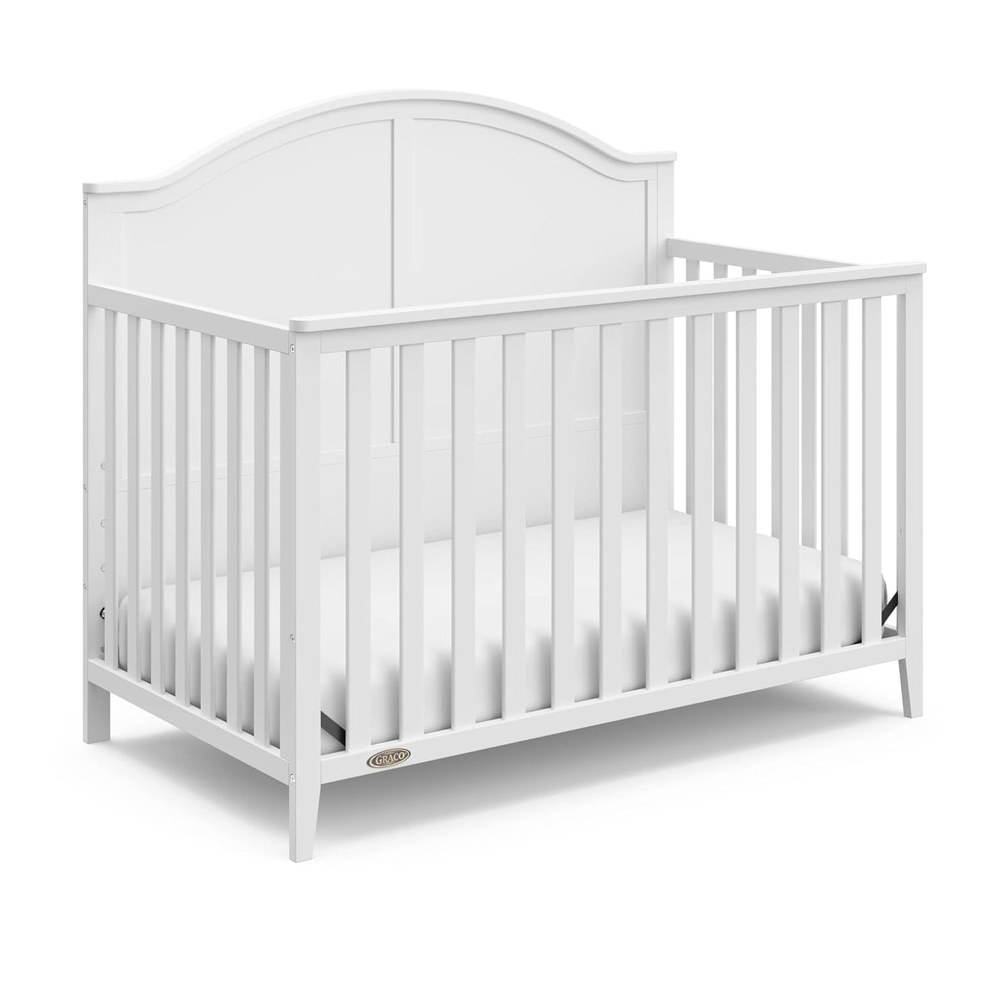 Graco Wilfred 5-in-1 Convertible Crib (White) – GREENGUARD Gold Certified, Converts to Toddler Bed and Full-Size Bed, Fits Standard Full-Size Crib Mattress, Adjustable Mattress Support Base