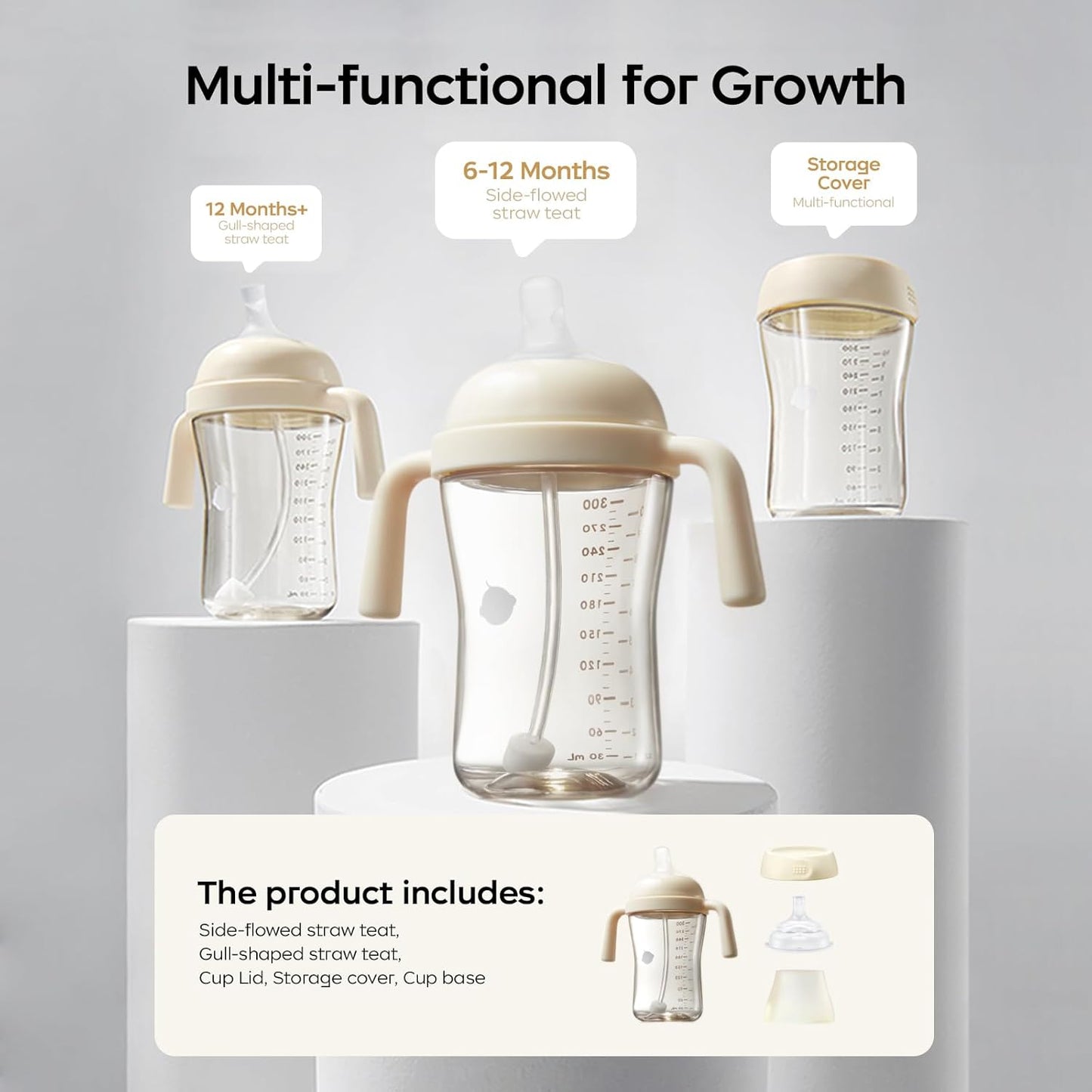 Bc babycare Sippy Cup Learner for 6+ Month Old with Nipples & Handles, Spill Proof Sippy Cup, Weighted Straw Toddler Cups, Anti-Choking Baby Cups 2 Packs, Beige