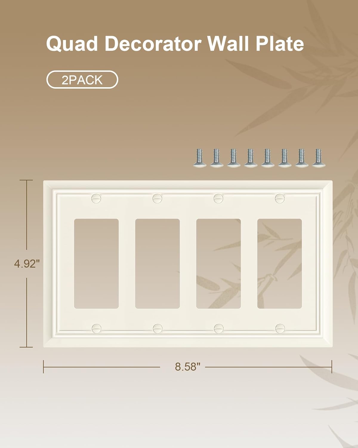 2-Pack Quad Decorator Wall Plate, Light Almond Decorative Switch Plates and Outlet Covers, Natural Bamboo Fiber 4 Gang Wall Plate for Electrical Outlets, Receptacle, GFCI Outlet, Dimmer Switch