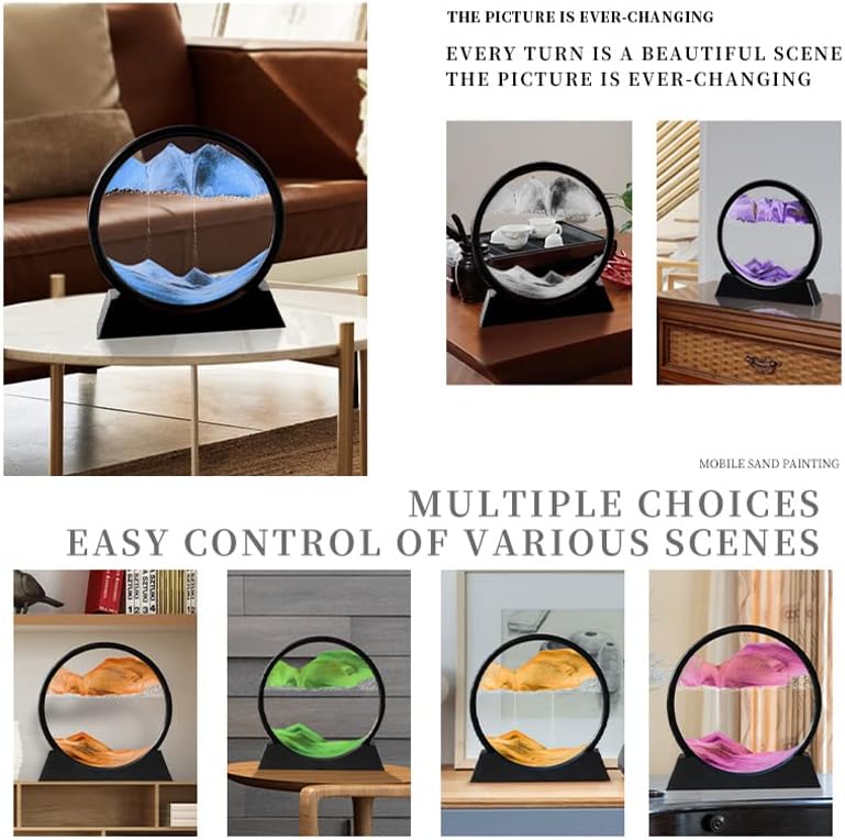 Moving Sand Art Picture 3D Deep Sea Sandscapes Sand Art Liquid Motion Bubbler Timer for Adult Kid Desktop Art Toys for Home Decor and Office(Round+Gold+10In)