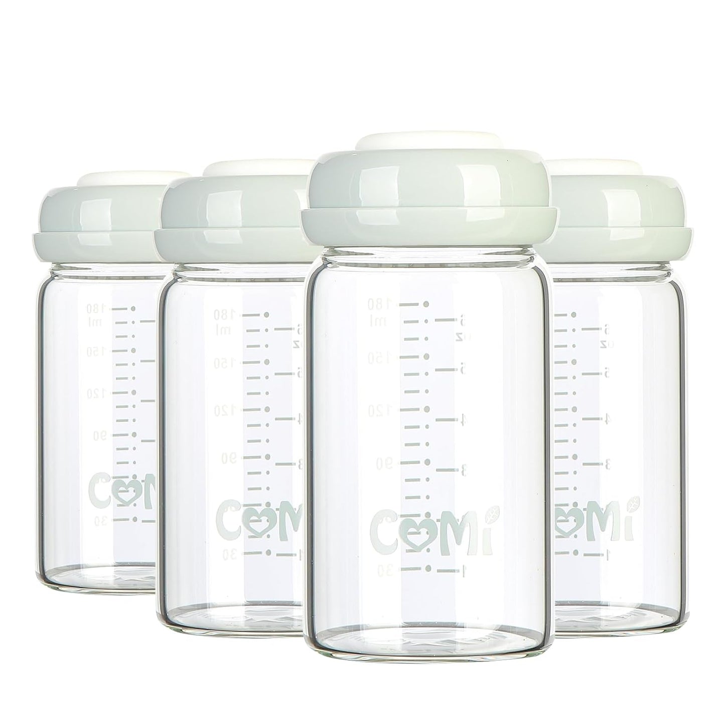 COMI Wide Neck Glass Breastmilk Collection n Storage Bottle, 4 Packs, 6oz with Screw Ring Sealing Disk; Re-markable Sealing Disc. BPA Free, Fits Breast Pumps & Nipples (4 Gray Lids)