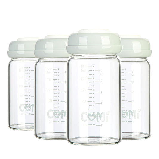 COMI Wide Neck Glass Breastmilk Collection n Storage Bottle, 4 Packs, 6oz with Screw Ring Sealing Disk; Re-markable Sealing Disc. BPA Free, Fits Breast Pumps & Nipples (4 Gray Lids)