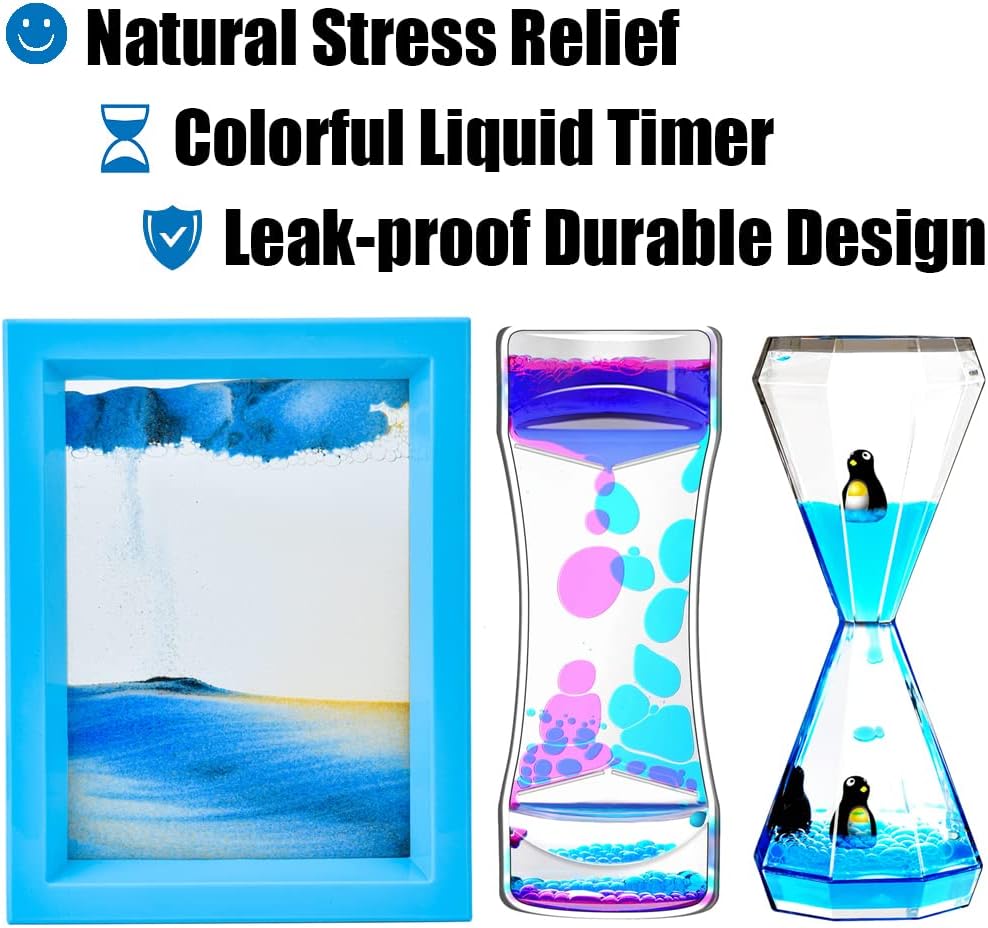 Liquid Motion Bubbler & Diamond Shaped Penguin Liquid Timer and Moving Sand Art Picture Pack of 3 Activity Calm Relaxing Desk Toys Voted Best Gift!