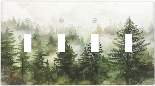 Light Switch Covers Green Forest Watercolor Painting Foggy Pine Quad Toggle Electrical Faceplate 4 Gang Wall Plate Decorative Switch Plates for Bedroom living Room Decor