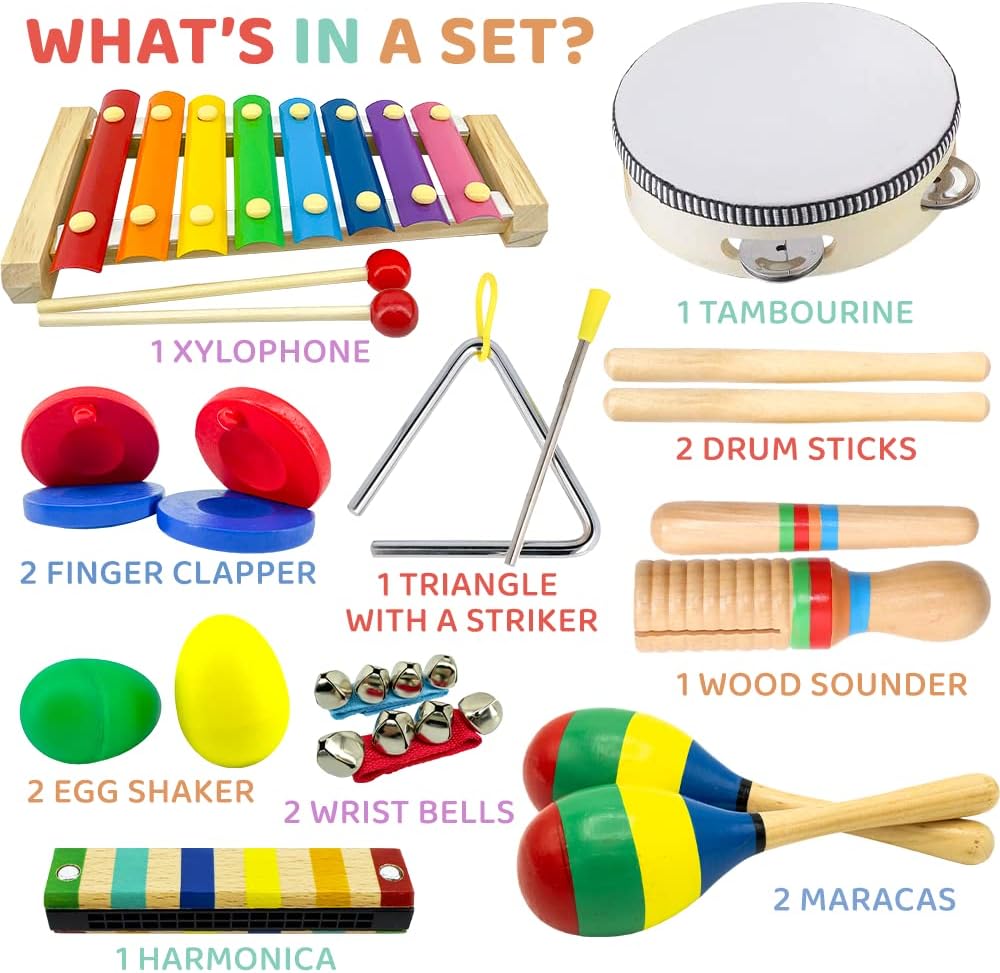 Stoie's Wooden Kids Musical Instruments for 1-5 Years Old, Baby Percussion Toys with Xylophone, Maracas, Tambourine, Durable, Safe to Play, Clear Sound, Bright Rainbow Colors, with a Storage Backpack