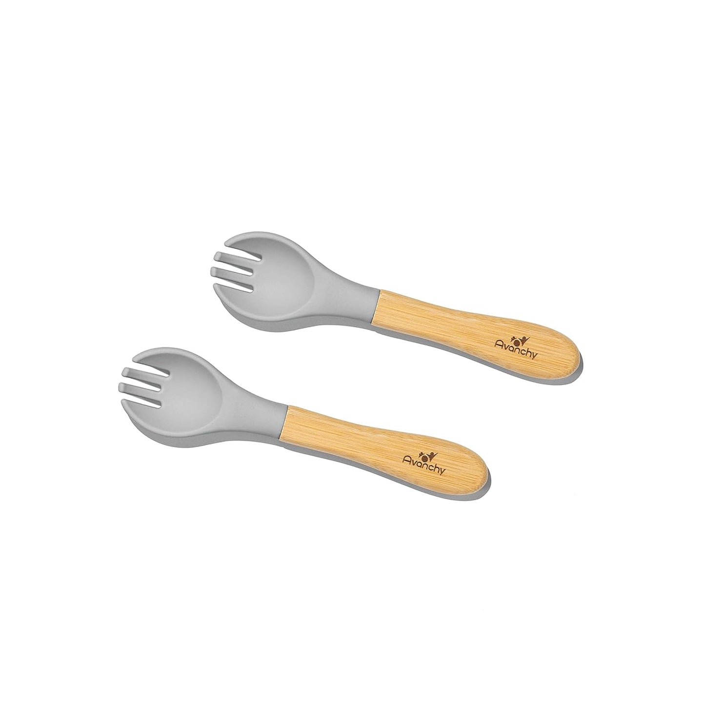 Avanchy Baby Fork Set, Bamboo and Silicone Spork Utensils, Toddler Baby Led Weaning Silverware Cutlery Flatware, Kids First Self Feeding, 2 Pack, Gray