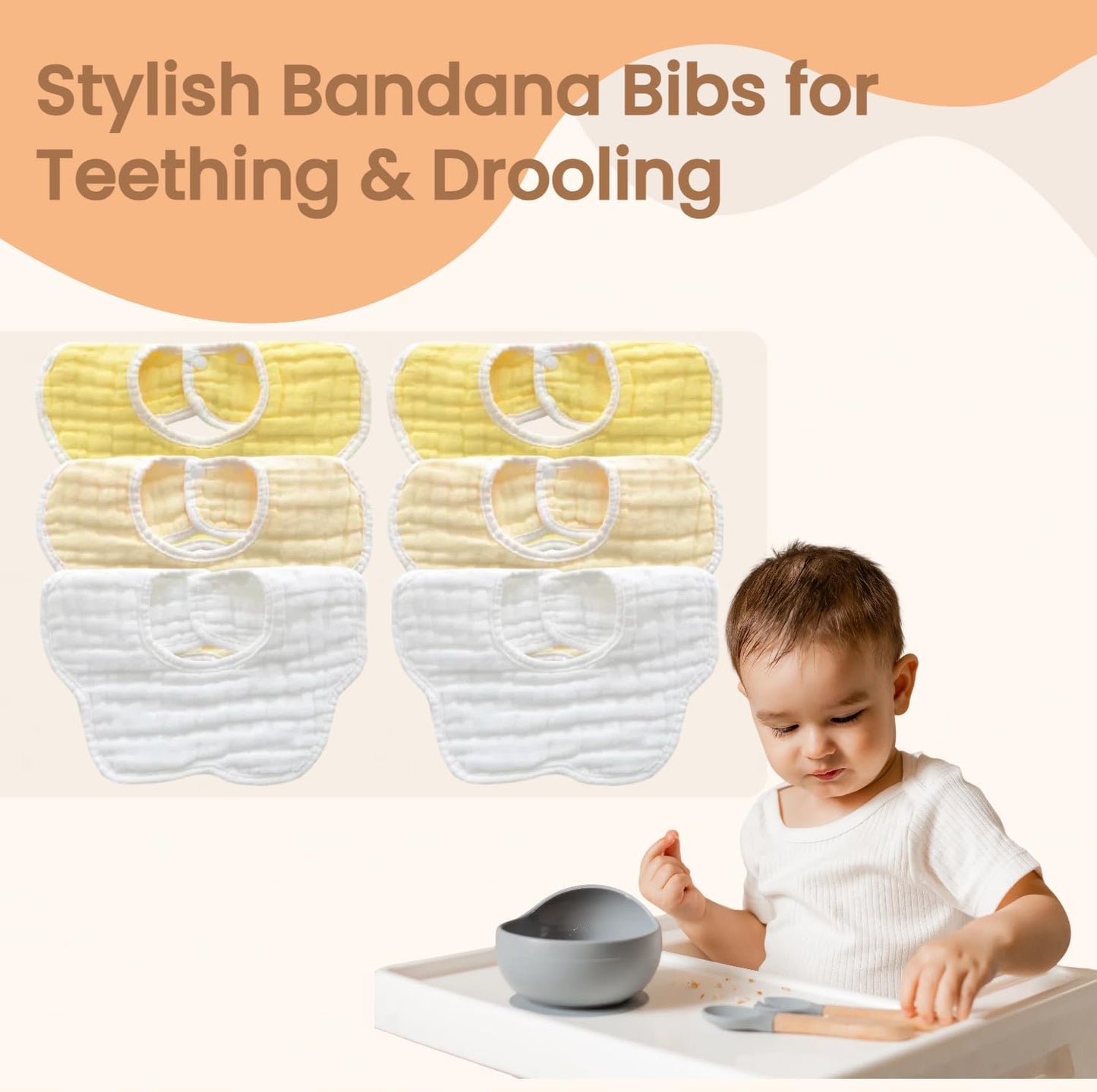 MUKIN Baby Drooling Towel, Snap Bibs, Muslin Bibs, 6 Pack, Adjustable, Soft Cotton