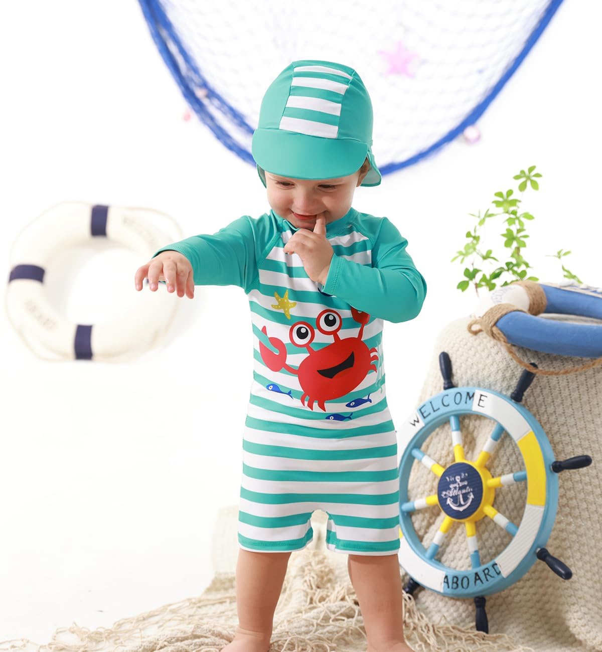 uideazone Baby Boys One Piece Swimsuit Long Sleeve UPF 50+ Rash Guard Bathing Suit Swimwear with Sun Hat 0-24 Months