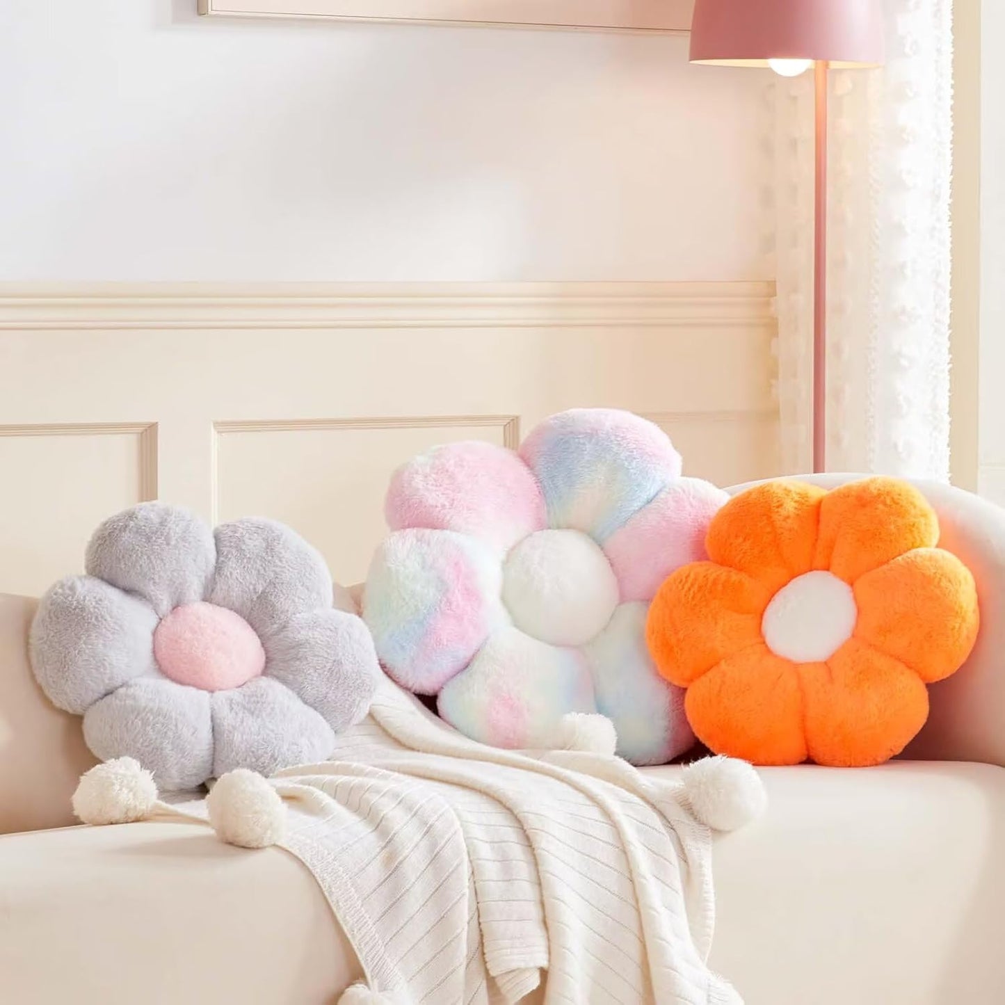 Orange Flower Pillow, 17.7" Flower Shaped Plush Decorative Throw Pillow for Bed