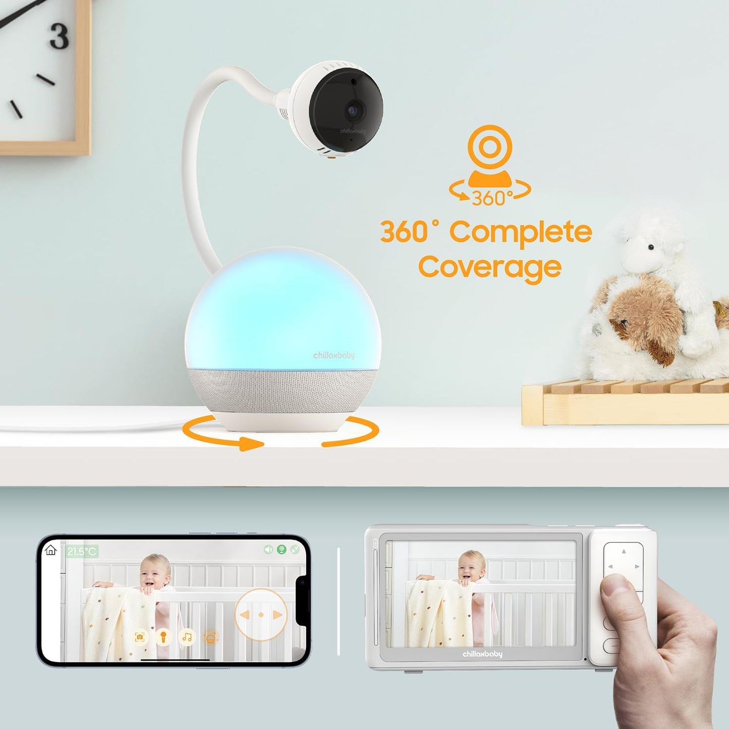 CHILLAX Baby Monitor Baby Mood Plus,5-inch 1080p HD Camera Wi-Fi Baby Monitor,with Sleep Trainer & Mood Light Soother,Flexible Gooseneck and 360°Pan View,Accessible via Phone App and Nursery Features