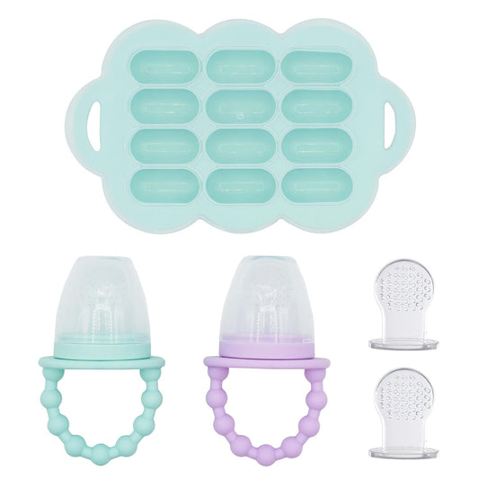 WeeSprout Silicone Baby Food Feeders + Freezer Tray for Batch Prep, Set of 2, Introduce New Foods Safely, Double as Teething Toys, Includes 2 Extra Pouches & Travel Lids, Dishwasher Safe