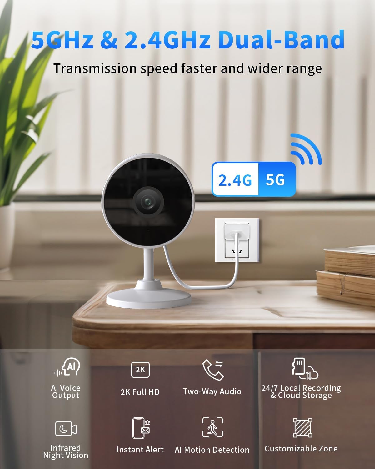 [5G & 2.4G] 2K Indoor Security Cameras for Home Security, AI Voice Change for 2-Way Talk, Motion Detection, Night Vision, 24/7 SD Recording/Cloud Storage, Baby Monitor/Dog/Pet Camera with Phone App