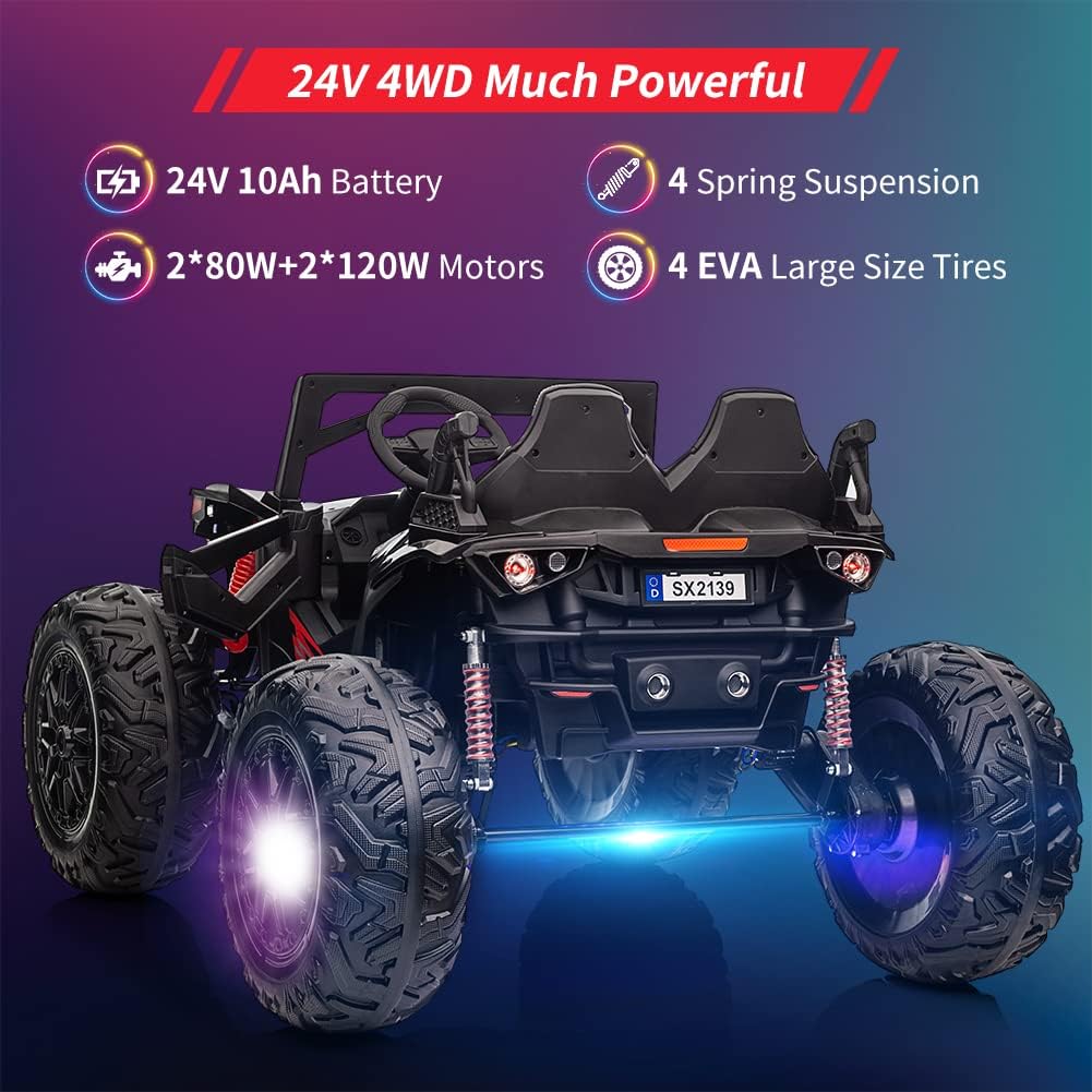 2 Seaters 24V Ride on UTV with Remote Control,10AH Battery, 400W Powerful Motors with 17" EVA Wheels, 20.5“ Seat Width Electric Ride Toy with Metal Suspension,LED Lights,Music,Horn (Black)
