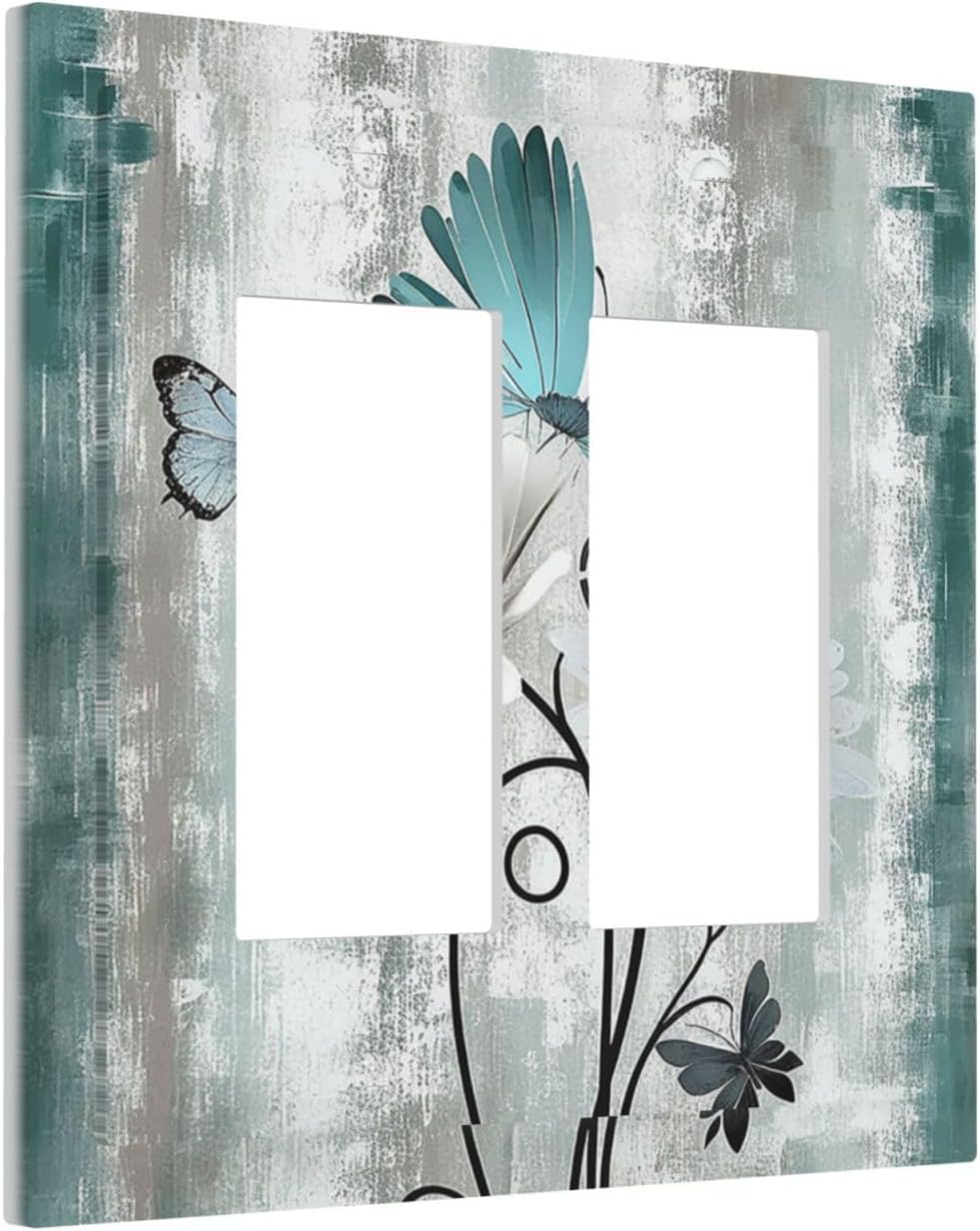 Decorative Outlet Covers Rustic Teal Daisy Floral Flowers Butterfly Wood Grain 2 Gang Double GFCI Rocker Electrical Wall Panels Light Switch Cover Plate for Bathroom Bedroom Decor
