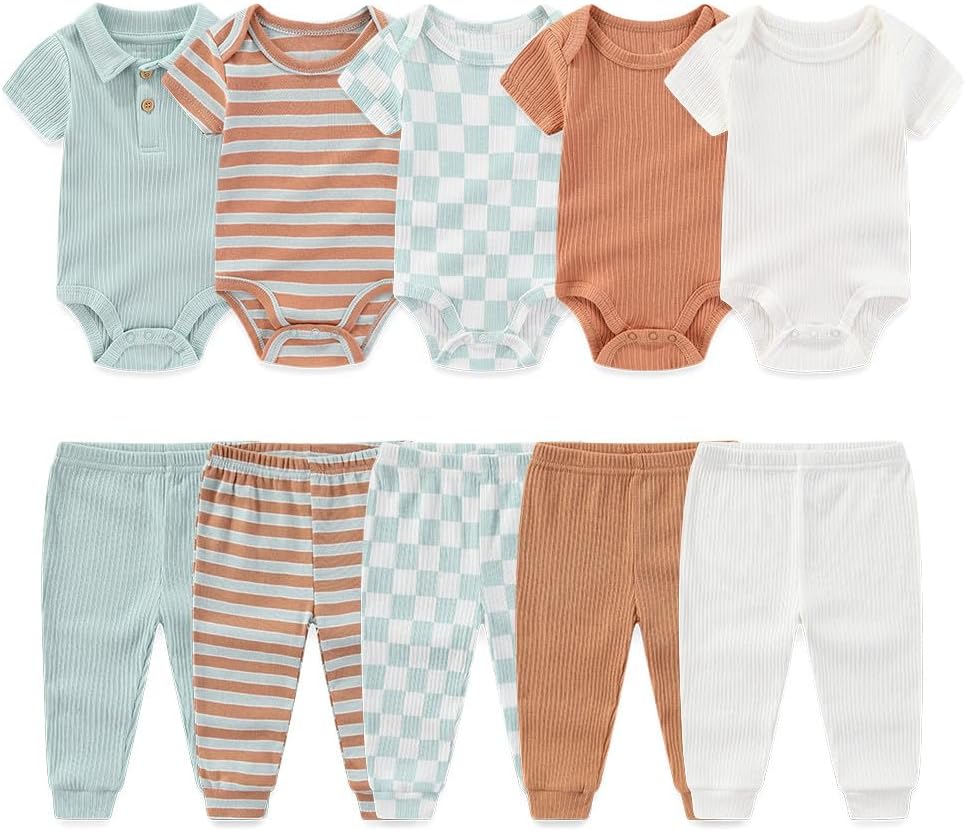 Kiddiezoom Newborn Baby Layette Set 10-Piece with Bodysuits and Pants Set for Unisex Baby Gift Sets