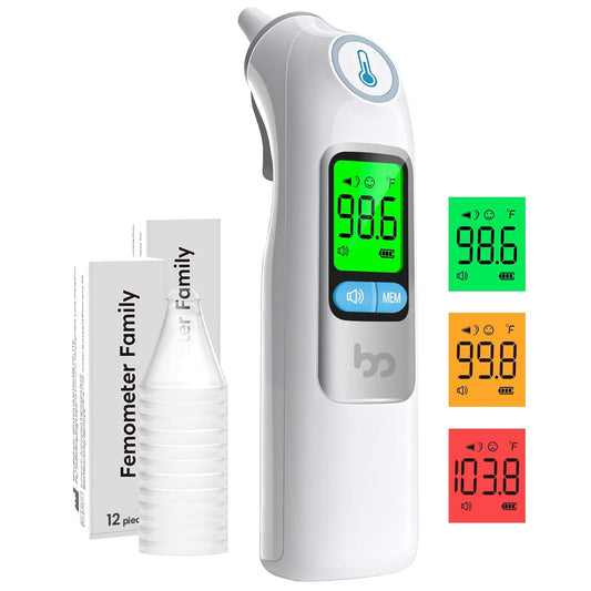 Ear Thermometer, Highly Accurate Ear Thermometer for Kids, Adults and Babies, 30 Memory Recall, 1s Result and 3-Color Fever Alert, with 24 Disposable Probe Covers, White
