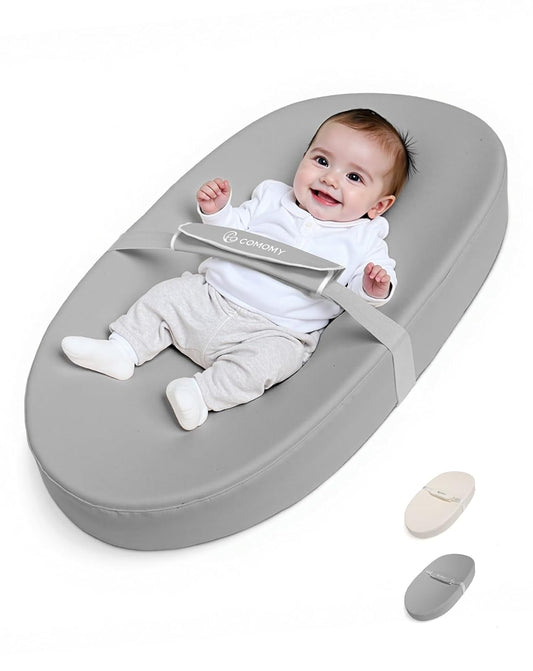 COMOMY Baby Changing Pad with Wipeable & Waterproof PU Cover, Contoured Diaper Changing Pad for Dresser with Non-Slip Safety Belt, Portable and Lightweight, Large Cushioned Foam, Gray