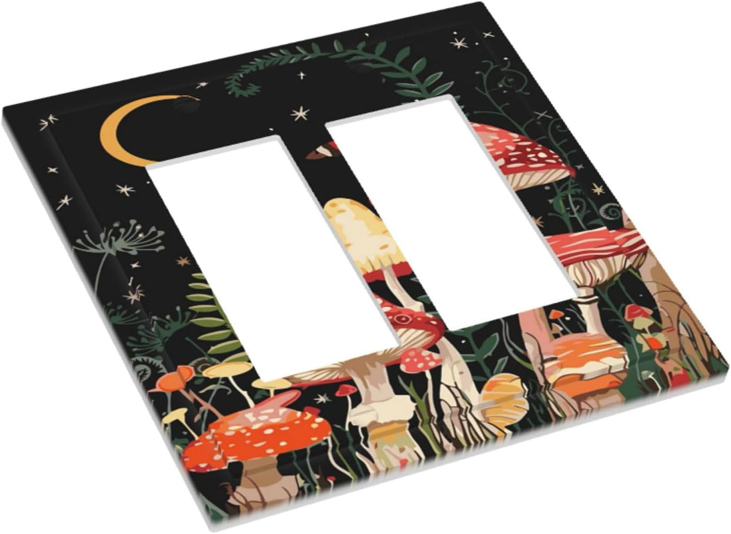 Moon Star Red Mushroom Forest Butterfly Green Plant Decorative Outlet Covers 2 Gang Double GFCI Rocker Electrical Wall Panels Light Switch Cover Plate for Kids Room Home Decor