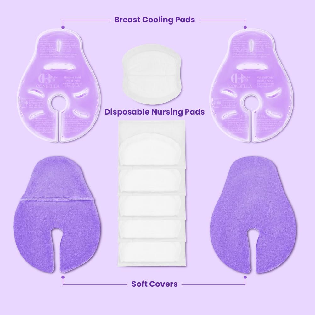 2 Larger Breast Ice Packs with Soft Covers and 6 Breast Pads for Leaking Milk, Hot and Cold Breast Therapy Packs, Breastfeeding Essentials for Relief of Clogged Ducts, Nipple Pain, Engorgement