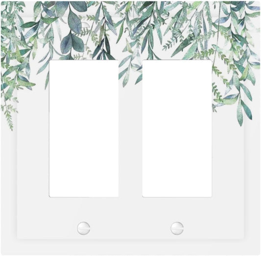 Eucalyptus Leaves Greenery Vine Flowers Simplicity Decorative Outlet Covers 2 Gang Double GFCI Rocker Electrical Wall Panels Light Switch Cover Plate for Bed Room Living Room Decor