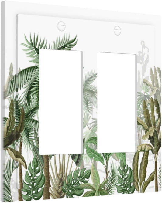 Palm Tree Banana Leaf Green Rainforest Natural Landscape Decorative Outlet Covers 2 Gang Double GFCI Rocker Electrical Wall Panels Light Switch Cover Plate for Bed Room Living Room Decor