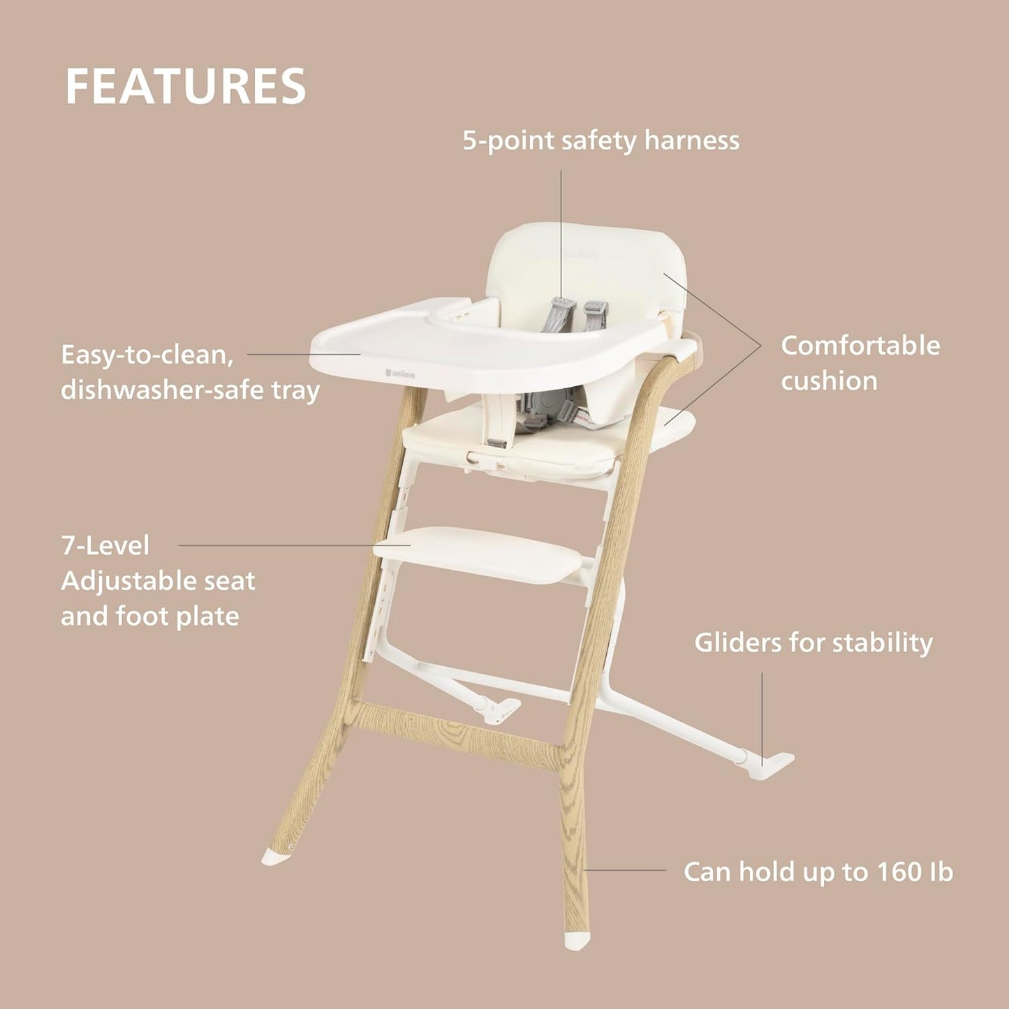 Unilove Grow with Me 2-in-1 Baby High Chair – Adjustable Toddler Chair with Baby Set, Removable Harness, One-Hand Seat & Footrest Adjustment, for Ages 6-60 Months - Vanilla White