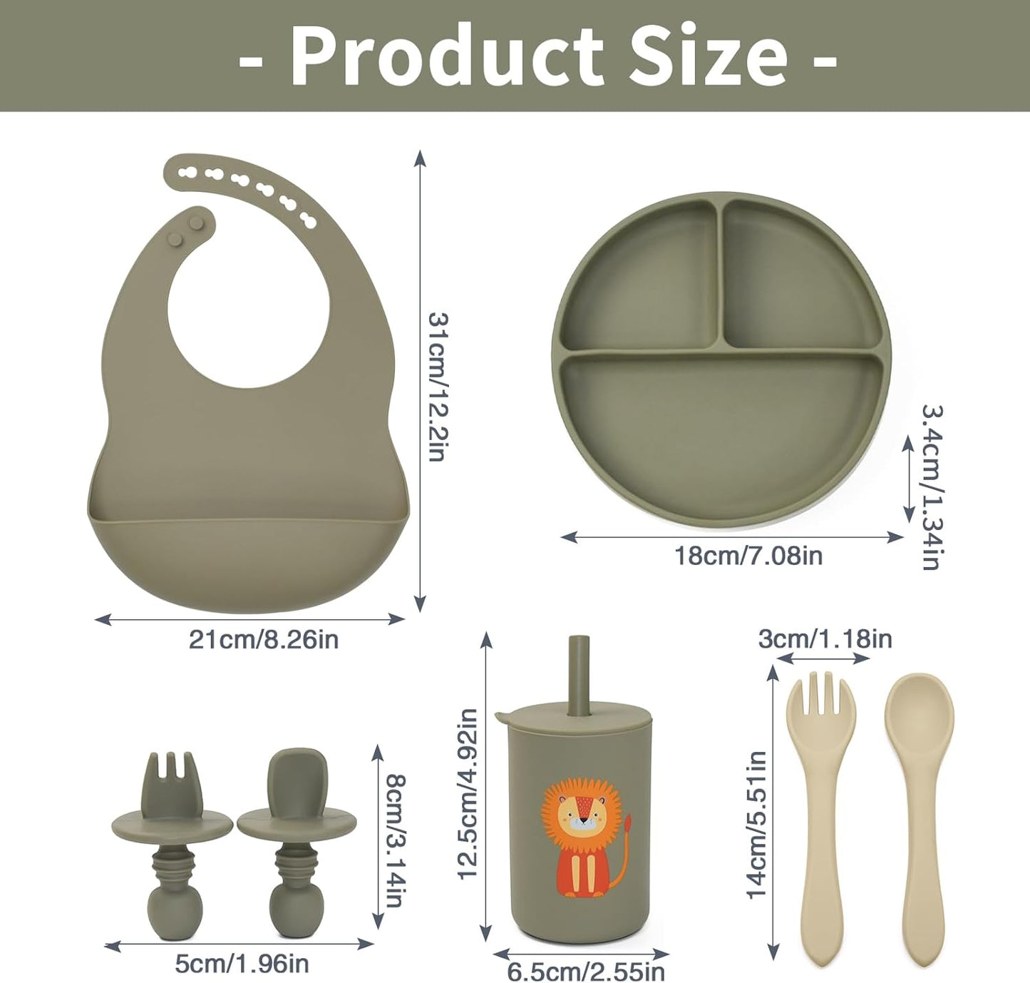 Silicone Baby Feeding Set, Baby Led Weaning Supplies, Baby Spoons Suction Divided Plate Bib Cup, First Stage Solid Food Eating Utensils - 6+ Months(Green-Beige)