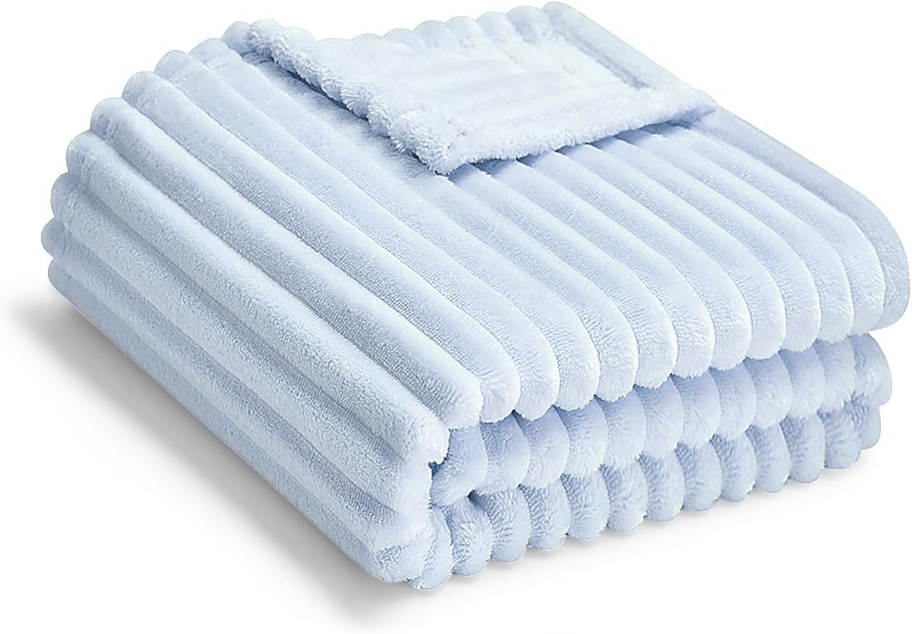 Soft Fleece Baby Blanket Ultra Cozy Blue Baby Blankets for Boys Warm and Lightweight Infant Toddler Newborn Receiving Gift with Reversible Stripes for Crib Stroller, 30x40 Inch, Light Blue