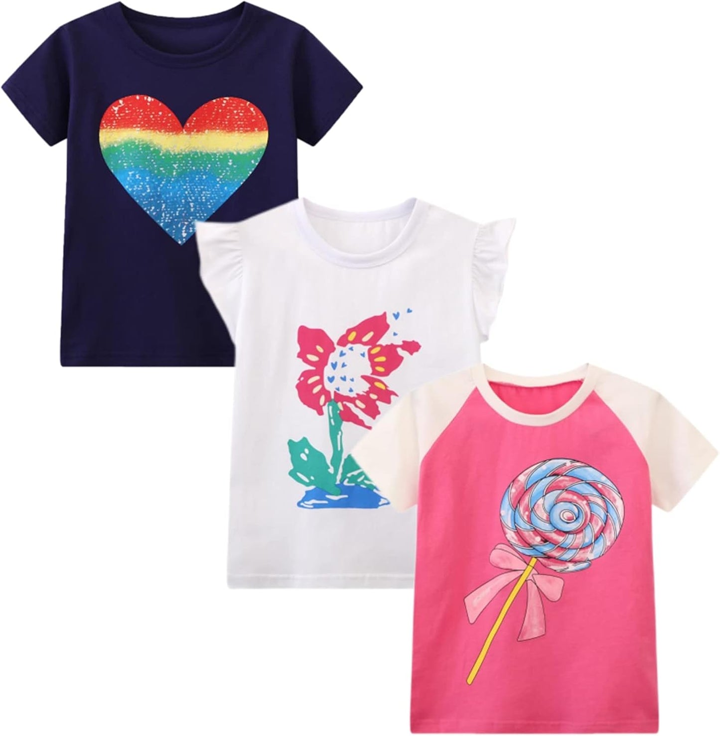 HILEELANG Girls' Tees Ruffle Short Sleeve T-Shirt Cotton Casual Graphic Summer Crewneck Tunic Tops