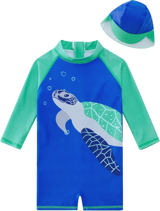 uideazone Baby Boys One Piece Swimsuit Long Sleeve UPF 50+ Rash Guard Bathing Suit Swimwear with Sun Hat 0-24 Months