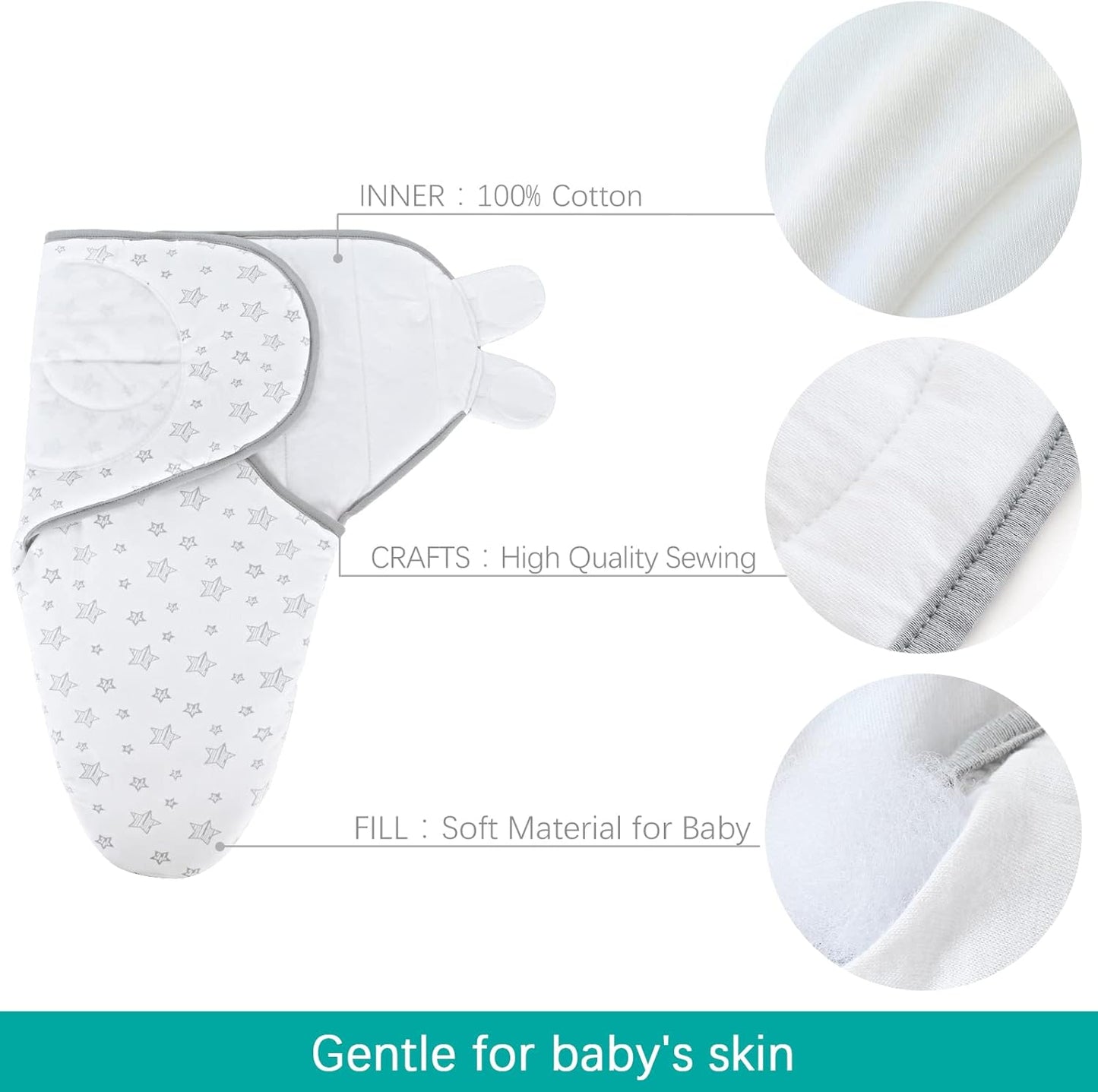 Biloban Baby Swaddles 0-3 Months for Boy Girls, Warm Quilted Baby Swaddle, Newborn Swaddle, Adjustable Swaddle Blanket, Lovely White Stars, 1 Pack