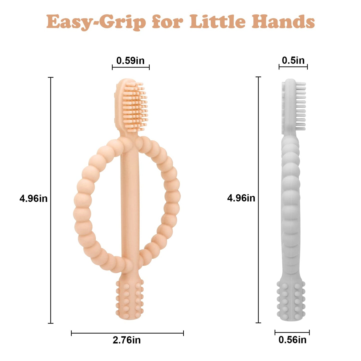Baby Teething Toys with Easy-Hold Handle, Silicone Infant Toothbrush, Textured On Both Sides Helps Massage, Soothe Sore Gums, Teething Toys for Babies 0-6 Months, 6-12 Months Peach Powder & Gray