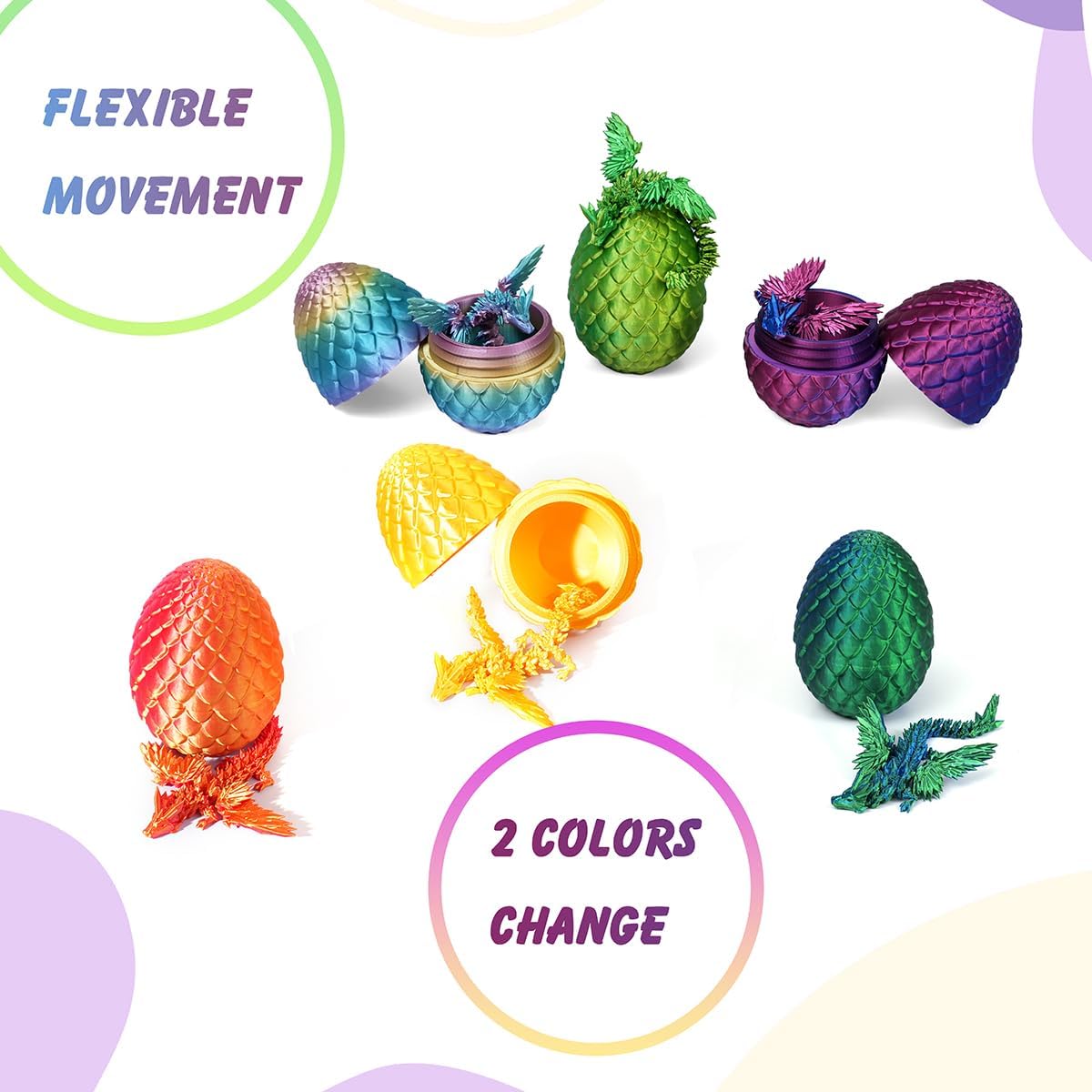 7" 3D Printed Dragon with Wings in Egg, Easter Basket Stuffers, Crystal Dragon Surprise in Eggs, Articulated Dragon, Dragon Fidget Toy, Home Office Decor Executive Desk Toy (Random Rainbow Color)