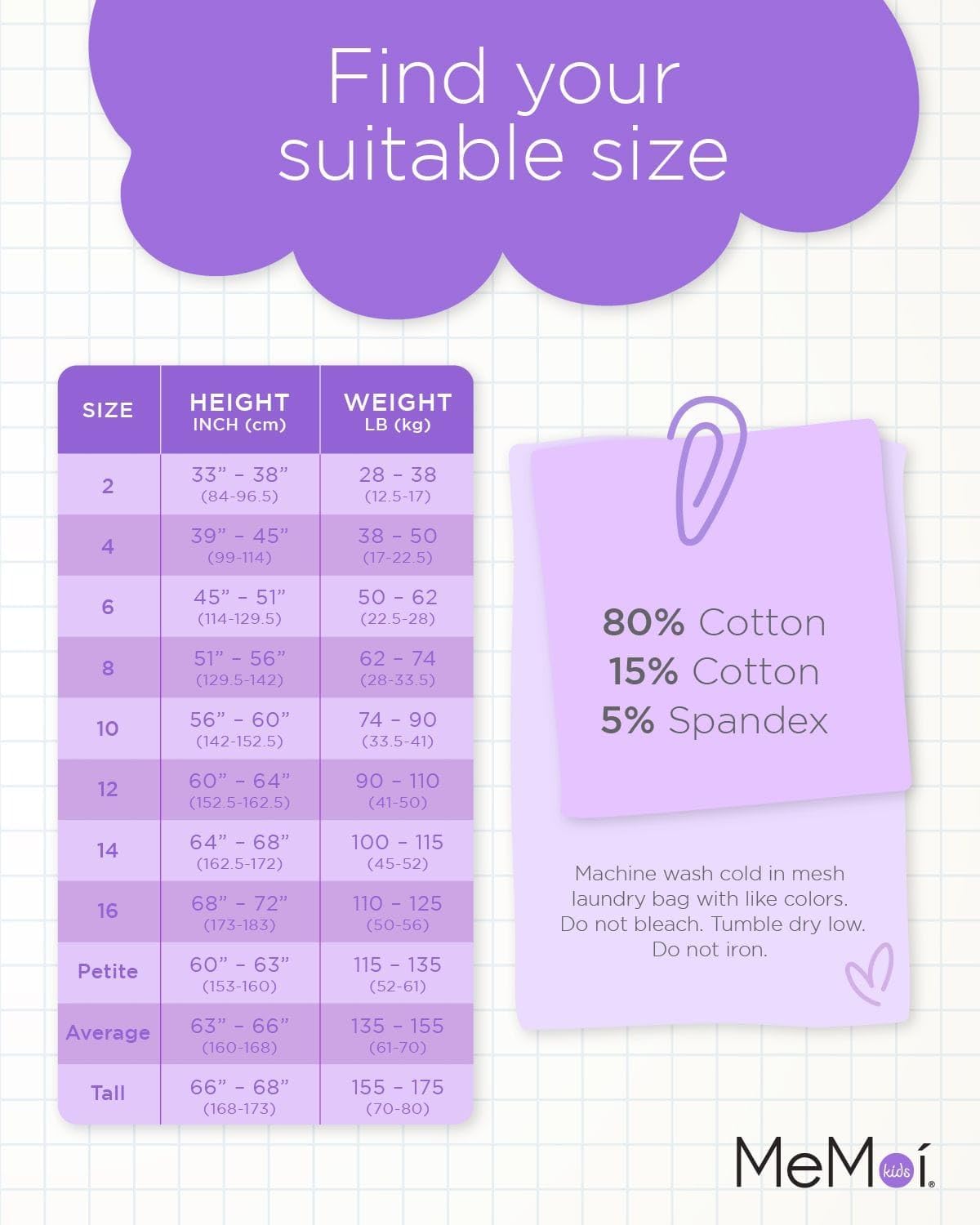 MeMoi Soft Pima Cotton Tights for Girls, Soft and Lightweight Opaque Tights for girls - Sizes 8 to 16