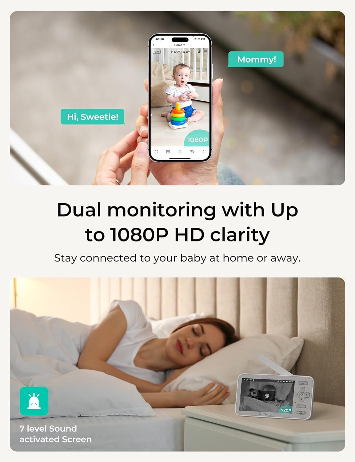 VistaView Lite Smart WiFi Baby Monitor with 2 Cameras- 4” 720P Split Screen & 1080P Camera App Control, Motion Alerts, Night Vision, 3000mAh Battery, 2-Way Talk, Triple Security, 1000ft Range