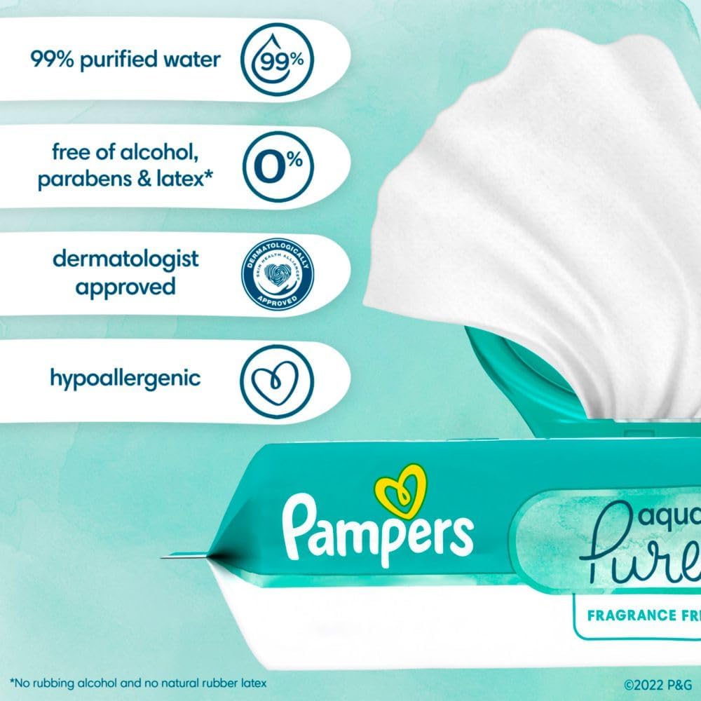 Pampers Baby Wipes Aqua Pure, 99% water-based wipes, Hypoallergenic and Unscented Baby Wipes, 672 Wipes Total (12 Flip-Top Packs)